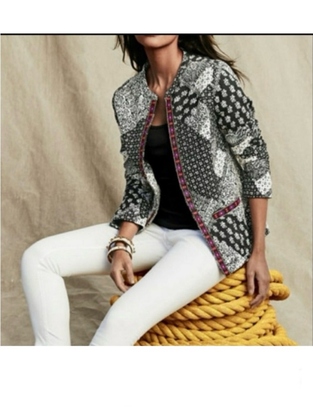 Indikka Women’s Mixed Print Jacket with Embroidered Trim and Pockets